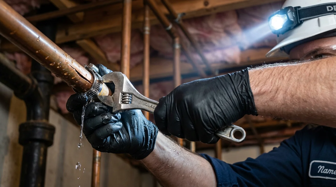 Emergency pipe clamp repair being performed by a Johns Plumbing LLC plumber in Gloucester Point