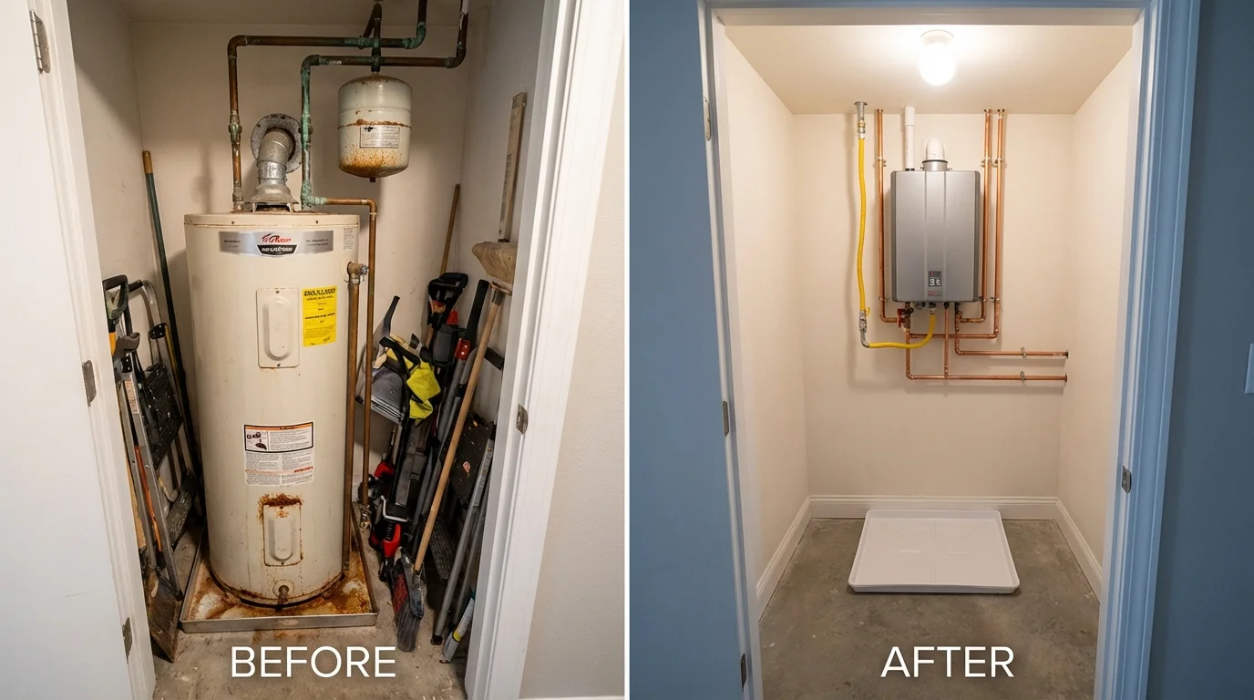 Tank water heater versus wall-mounted tankless unit comparison for Gloucester Point, VA homeowners