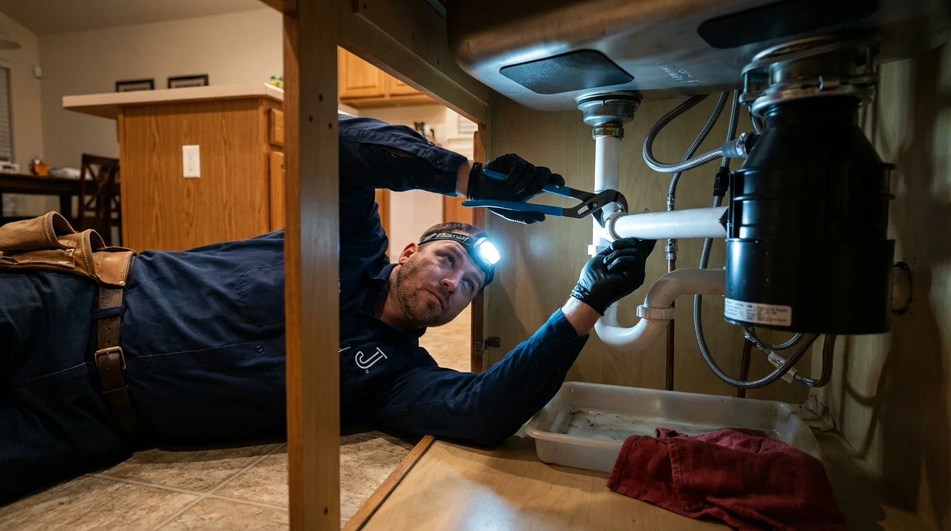 P-trap and supply line connections under a kitchen sink showing a common leak point in Gloucester Point, VA